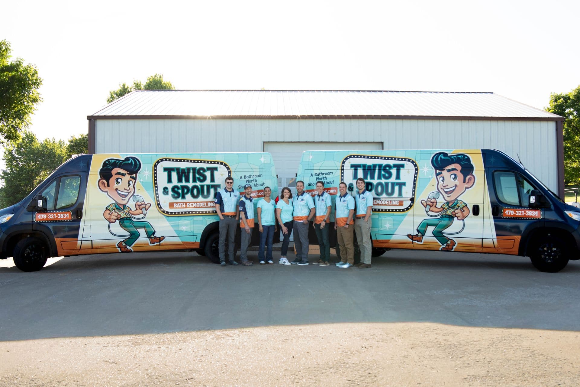 Twist & Spout Crew standing in front of branded work vans